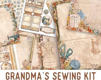 Grandma's Sewing Kit Junk Journal Kit, Sewing Junk Journal Kit, Printable Junk Journal Kit, Craft kit, Printable Journal Pages, DIY - 002719