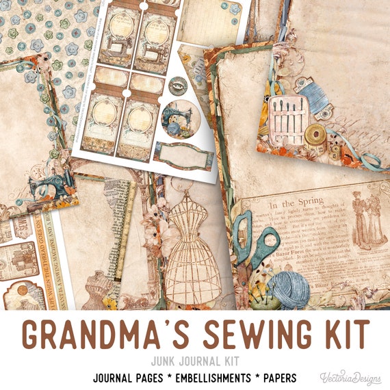 Grandma's Sewing Kit Junk Journal Kit - Printable Pages for Crafting - 002719