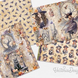 Puede incluir: Un paquete de papel digital con cuatro dise&ntilde;os diferentes que presentan brujas, murci&eacute;lagos y elementos florales en un estilo vintage. Los dise&ntilde;os son perfectos para scrapbooking, creaci&oacute;n de tarjetas y otras manualidades de papel.