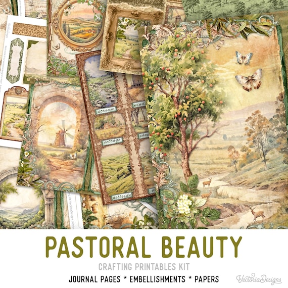 Pastoral Junk Journal Kit Large (Standard) - Printable Pages, Papers and Embellishments for Crafting - 003473