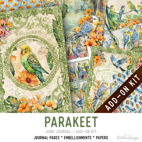 Parakeet Junk Journal Kit, Printable Pages, Embellishments (Add-On) - 003454