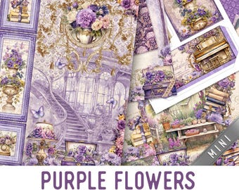 Purple Flowers Junk Journal Kit MINI, Purple Floral Crafting Printables Purple Embellishments Printable Paper Junk Journal Flowers 003796