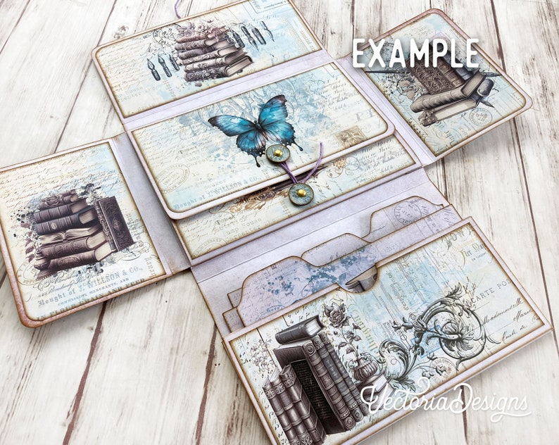 May include: A multi-layered paper craft project with a vintage aesthetic. The project features a butterfly, stacks of books, and intricate patterns. The project is labelled "EXAMPLE".