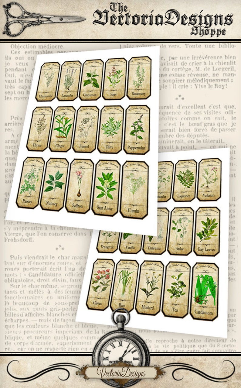 May include: Vintage-style herb and spice labels. Each label features a botanical illustration and the name of the herb or spice. The labels are arranged on a textured, aged background, with the text "The Victoria Designs Shoppe" at the top.