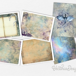 May include: A set of six digital paper backgrounds featuring a variety of textures and designs. The papers include a book with a dragon, a dragon with geometric shapes, a blue and gold patterned background, and three abstract backgrounds with blue, purple, and brown tones.