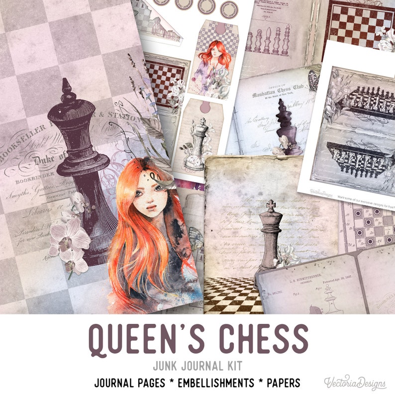 Queen's Chess Junk Journal Kit, Junk Journal Supplies, Junk Journal Printable, Junk Journal Ephemera, DIY Kit 002162 image 1