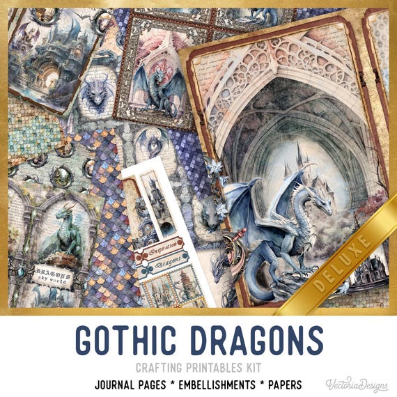 Gothic Dragons DELUXE Junk Journal Kit- Printable Pages, Papers and Embellishments for Crafting - 003552