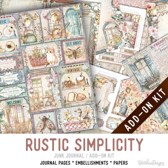 Rustic Simplicity Junk Journal Kit ADD-ON, Printable Craft kit with Journal Pages, Embellishments and Papers - 003451
