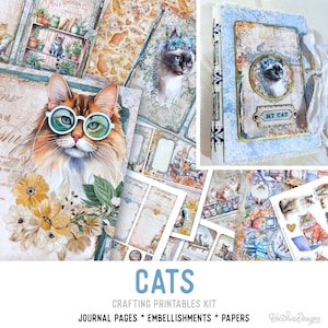 Cats Junk journal Kit Large, Crafting Printables Kit Junk Journal Cats Embellishments Paper Pack Cats Craft Kits Cat Junk Journal 003023