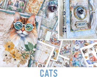 Cats Junk journal Kit Large, Crafting Printables Kit Junk Journal Cats Embellishments Paper Pack Cats Craft Kits Cat Junk Journal 003023