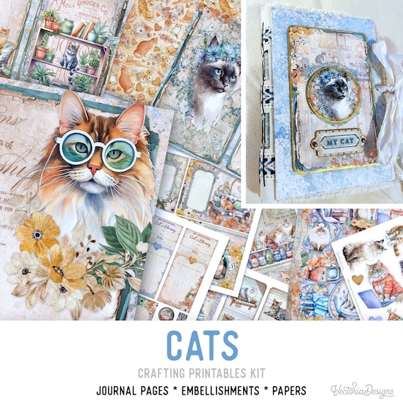 Cats Junk journal Kit Large (Standard) - Printable Pages, Papers and Embellishments for Crafting - 003023
