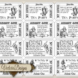 Alice In Wonderland Tickets, Tea Party Tickets, Alice Decoration, Tea Party Invitations, Tickets Digital, Paper Tickets Ephemera 000396 image 2