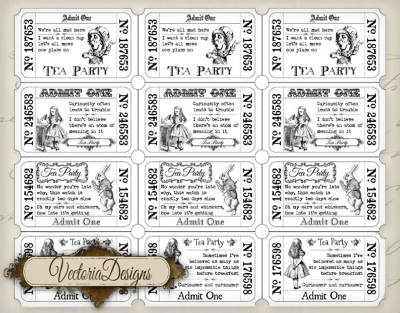 Alice In Wonderland Tickets, Tea Party Tickets, Alice Decoration, Tea Party Invitations, Tickets Digital, Paper Tickets Ephemera 000396 image 2