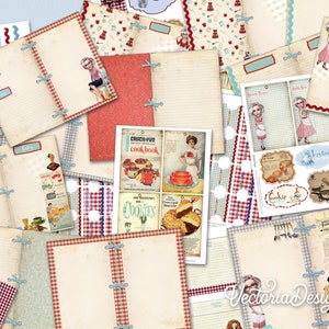 May include: A collection of printable digital papers and graphics featuring a vintage kitchen theme. The papers include red and white gingham patterns, images of women in vintage clothing, and text such as "Cookie Jar" and "Ice Cream".