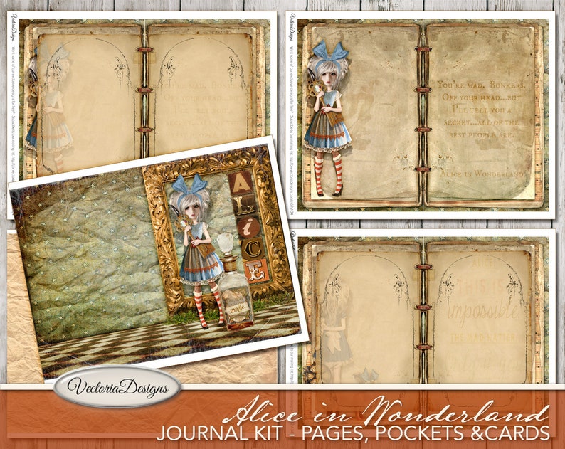 Alice In Wonderland Papers, Junk Journal Kit, Printable Journal Pages, Craft Paper, Digital Paper, Instant Download, Alice Decor 001952 image 4