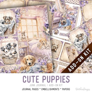 Cute Puppies Junk Journal Kit ADD-ON, Printable Junk Journal Pages Journal Kit Craft kits Vintage Junk Journal 003429