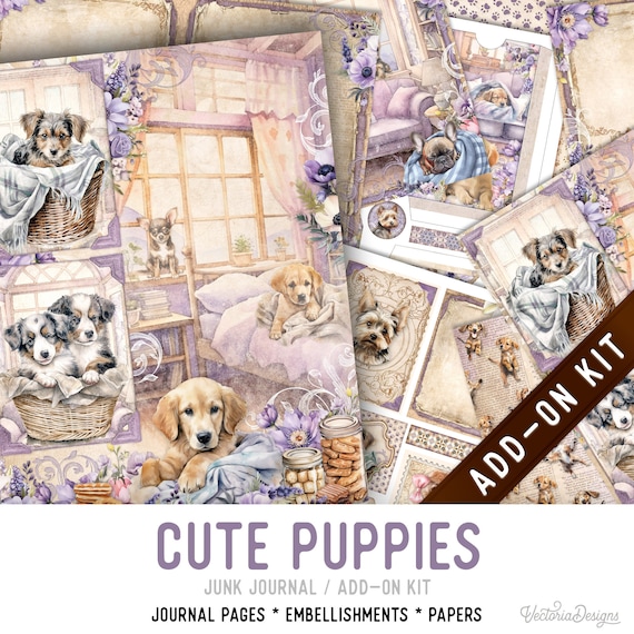 Puppies Junk Journal Add-On Kit, Printable Pages, Embellishments & Papers - 003429