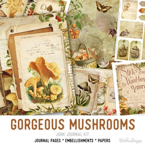 Gorgeous Mushrooms Junk Journal Kit, Mushroom Decor, Garden Junk Journal Kit, Printable Journal Pages, Mushroom Journal Sheets 002151