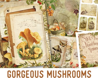 Gorgeous Mushrooms Junk Journal Kit, Mushroom Decor, Garden Junk Journal Kit, Printable Journal Pages, Mushroom Journal Sheets 002151