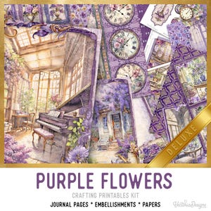 Purple Flowers Junk Journal Kit DELUXE, Purple Floral Crafting Printables Purple Embellishments Printable Paper Junk Journal Flowers 003795