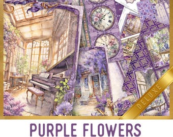 Purple Flowers Junk Journal Kit DELUXE, Purple Floral Crafting Printables Purple Embellishments Printable Paper Junk Journal Flowers 003795