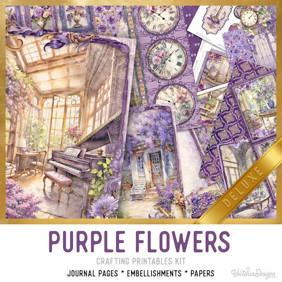 Purple Flowers Junk Journal Kit DELUXE - Printable Pages, Papers and Embellishments for Crafting - 003795