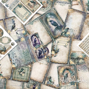May include: A collection of digital scrapbook papers featuring a vintage aesthetic with a dark blue, green, and brown color scheme. The papers feature images of ravens, flowers, and ornate frames. The papers are perfect for creating digital scrapbook pages, cards, and other crafts.