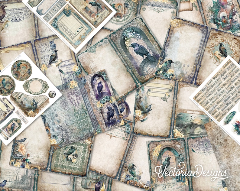 May include: A collection of digital scrapbook papers featuring a vintage aesthetic with a dark blue, green, and brown color scheme. The papers feature images of ravens, flowers, and ornate frames. The papers are perfect for creating digital scrapbook pages, cards, and other crafts.