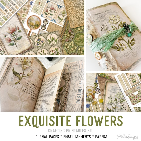 Exquisite Flowers Junk Journal Kit (Standard) - Printable Pages, Papers and Embellishments for Crafting - 002788
