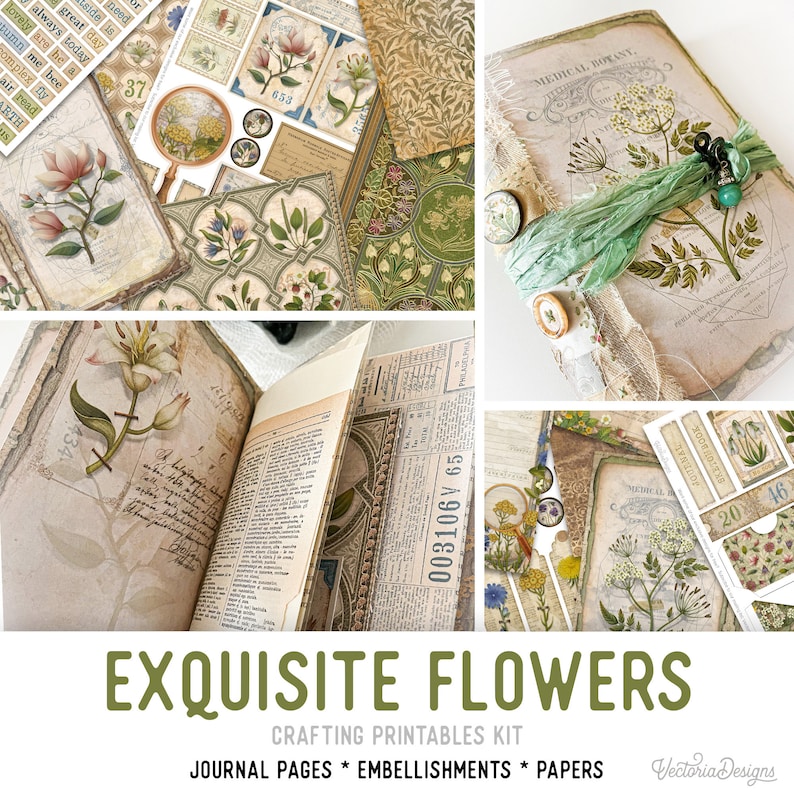K&ouml;nnte beinhalten: Ein Bastelset mit dem Titel "EXQUISITE FLOWERS" und den Worten "CRAFTING PRINTABLES KIT" und "JOURNAL PAGES * EMBELLISHMENTS * PAPERS" auf gr&uuml;nem Hintergrund. Das Set enth&auml;lt eine Vielzahl von floralen Papieren, Verzierungen und Journalseiten. Das Bild zeigt auch ein Journal mit einem floralen Design auf dem Umschlag.