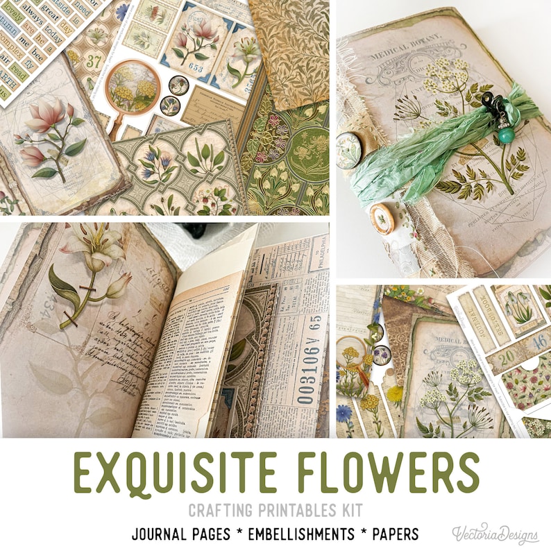 Exquisite Flowers Crafting Printables Kit Vintage Flowers Junk Journal Embellishments Printable Paper Floral Craft Kits DIY Tutorial 002788 image 1