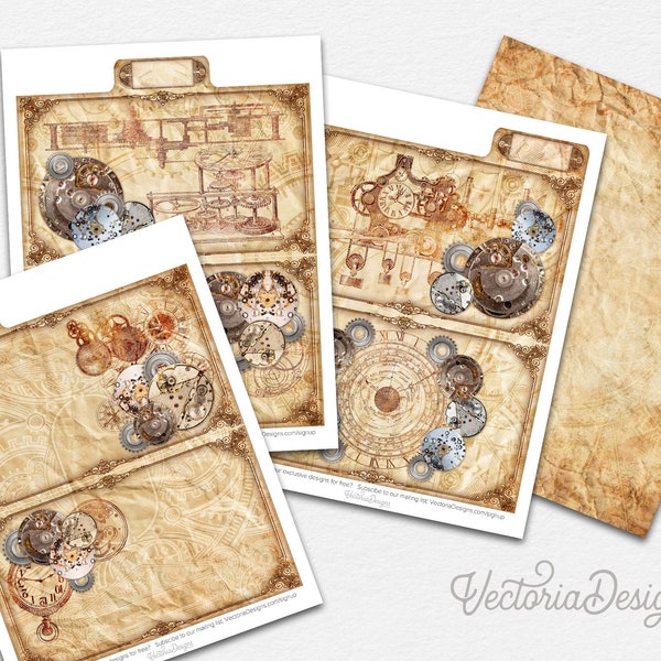 Clockpunk File Folder Kit Printable Steampunk File Folders Mini File Folders Printable Organizing Junk Journal Embellishments DIY - 002631