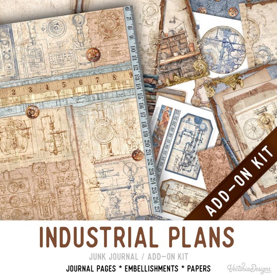 Industrial Plans Junk Journal Kit Add-On, Printable Pages Embellishments Papers - 003577