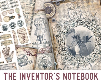 The Inventor's Notebook Junk Journal Kit, Steampunk Embellishments, Steampunk Junk Journal Kit, Craft kits, Scrapbooking Kit, Digital 002350