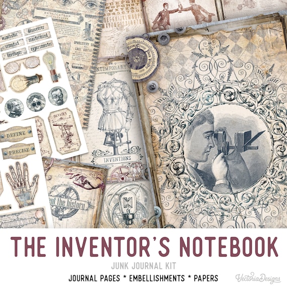 The Inventor's Notebook Junk Journal Kit, Steampunk Embellishments, Steampunk Junk Journal Kit, Craft kits, Scrapbooking Kit, Digital 002350