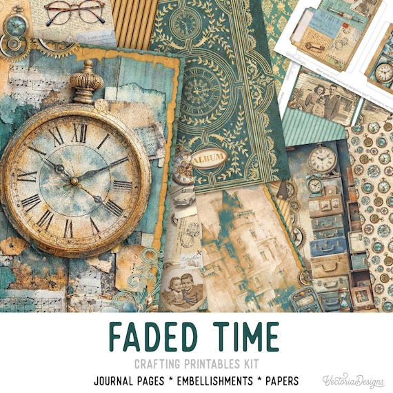 Faded Time Junk Journal Kit (Standard) - Craft Kit with Printable Journal Pages, Embellishments & Papers - 003953