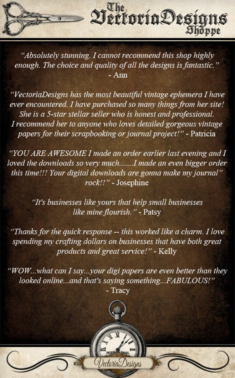 May include: A collage of customer reviews for VectoriaDesigns Shoppe, a business that sells digital downloads for scrapbooking and journaling. The reviews are positive and highlight the quality of the products and the excellent customer service.