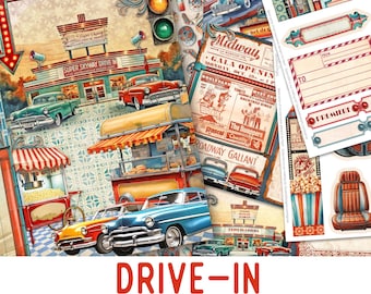 Drive-In Junk Journal Kit, Printable Junk Journal Kit Movies Drive-In Embellishments Junk Journal Movies Papers Craft Cinema 003470