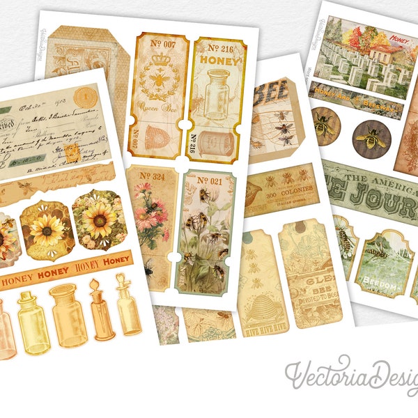 Save The Bees Junk Journal Embellishments, Decorative Scrapbook Sheets, Printable Paper Crafting Supplies, DIY Scrapbook Ephemera Set 002426