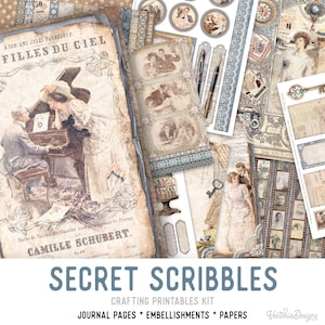 Secret Diary Junk journal Kit Secret Scribbles Crafting Printables Kit Junk Journal Embellishments Vintage Diary Paper Pack Craft Kit 003044