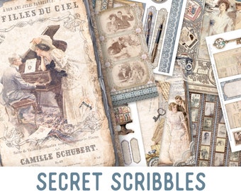 Secret Diary Junk journal Kit Secret Scribbles Crafting Printables Kit Junk Journal Embellishments Vintage Diary Paper Pack Craft Kit 003044