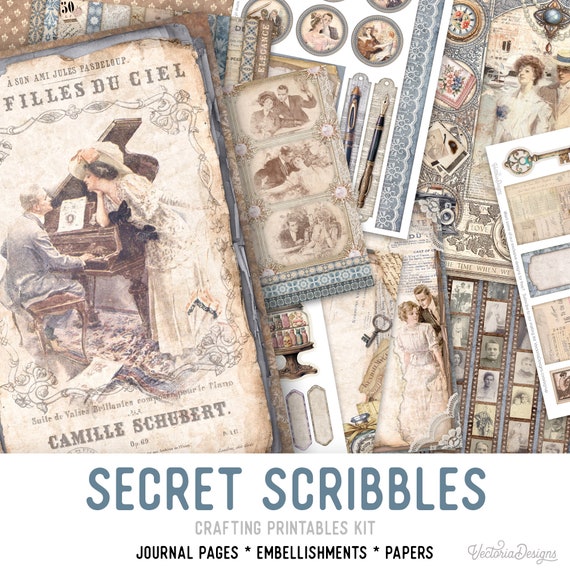 Secret Scribbles Junk journal Kit (Standard) - Printable Pages, Papers and Embellishments for Crafting - 003044