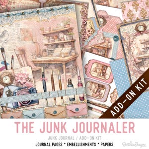 Può includere: Un kit aggiuntivo per diario di bordo con pagine, abbellimenti e carte. L'immagine presenta un'illustrazione ad acquerello con una scrivania, pennelli e una macchina fotografica. La combinazione di colori include rosa, blu e beige. Il testo "THE JUNK JOURNALER" è visibile.