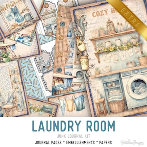 May include: A digital junk journal kit with a laundry room theme. The kit includes journal pages, embellishments, and papers. The image features a variety of laundry-themed illustrations, including a washing machine, laundry basket, and clothesline.