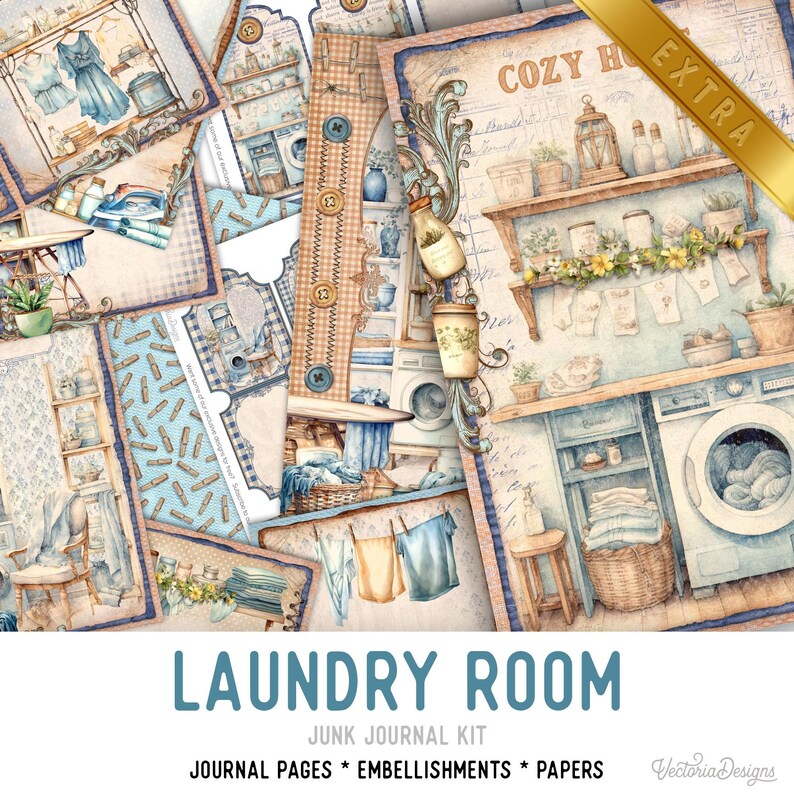 May include: A digital junk journal kit with a laundry room theme. The kit includes journal pages, embellishments, and papers. The image features a variety of laundry-themed illustrations, including a washing machine, laundry basket, and clothesline.