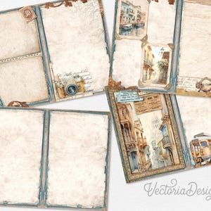 May include: A collection of vintage-style scrapbook pages with a travel theme. The pages feature aged paper, blue borders, and decorative elements like stamps, a camera, and illustrations of European cityscapes. The overall color palette is muted with sepia tones.