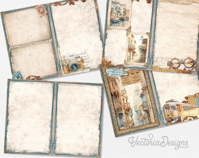 May include: A collection of vintage-style scrapbook pages with a travel theme. The pages feature aged paper, blue borders, and decorative elements like stamps, a camera, and illustrations of European cityscapes. The overall color palette is muted with sepia tones.
