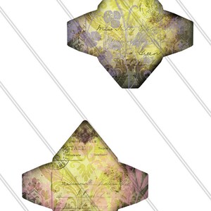 May include: Four vintage-style envelopes with a yellow, green, and brown colour scheme. The envelopes have a distressed look and feature floral patterns and handwritten text. The text on the envelopes includes "Brevkortet", "Miss Tilly Green", "Universalle Postale", and "Eugine Scheps 24 Rue del Manto Rome".