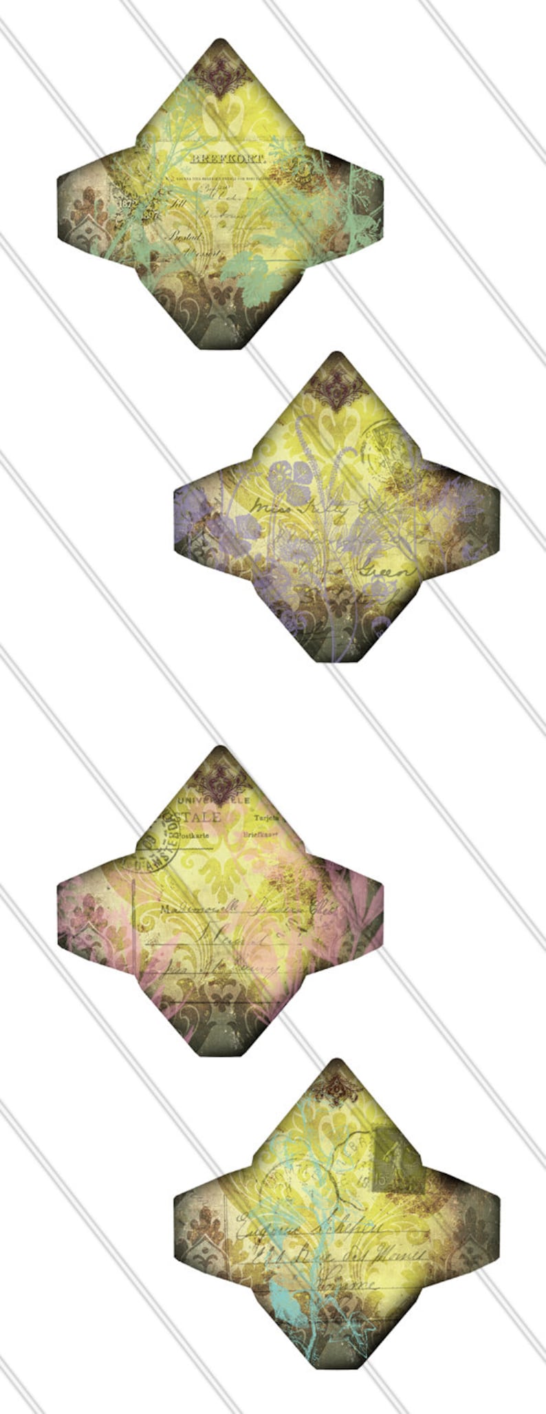 May include: Four vintage-style envelopes with a yellow, green, and brown colour scheme. The envelopes have a distressed look and feature floral patterns and handwritten text. The text on the envelopes includes "Brevkortet", "Miss Tilly Green", "Universalle Postale", and "Eugine Scheps 24 Rue del Manto Rome".
