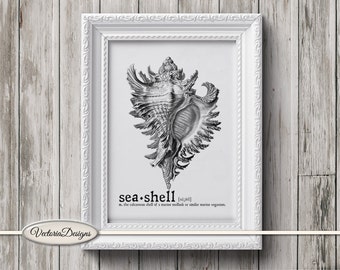 Seashell print printable art black and white print dictionary digital print printable instant download digital collage sheet - 000646
